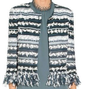 St. John Blue, White & Gray Fringed Bouclé Knit Jacket